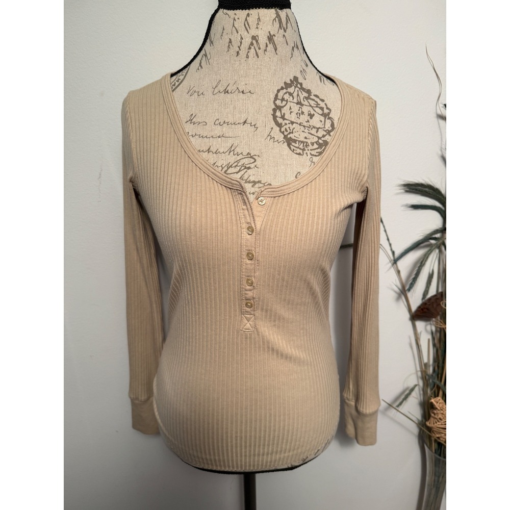 Aerie Womens Ribbed Long Sleeve Henley Top Tan Beige Size XS Button Neck Stretch